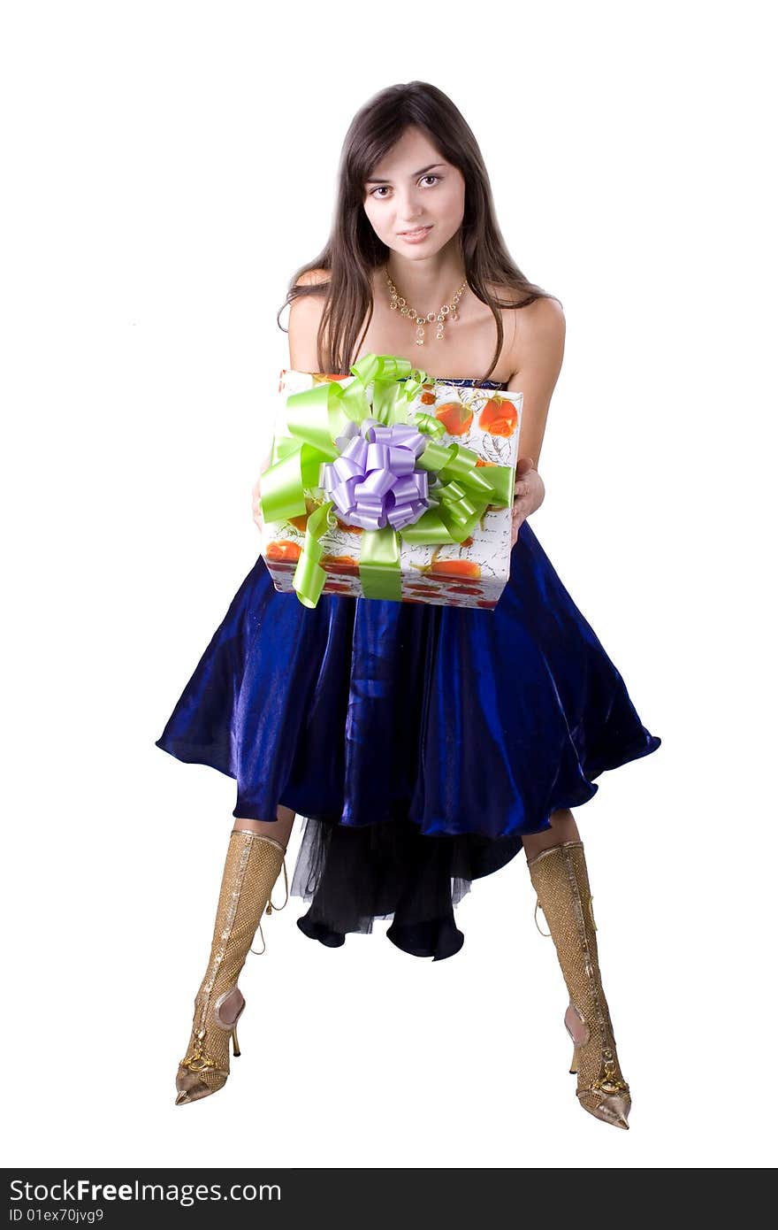 The young beautiful girl with purchases in colour packages during shopping on a white background