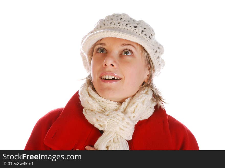 One young surprised girl in a white hat isolated over white