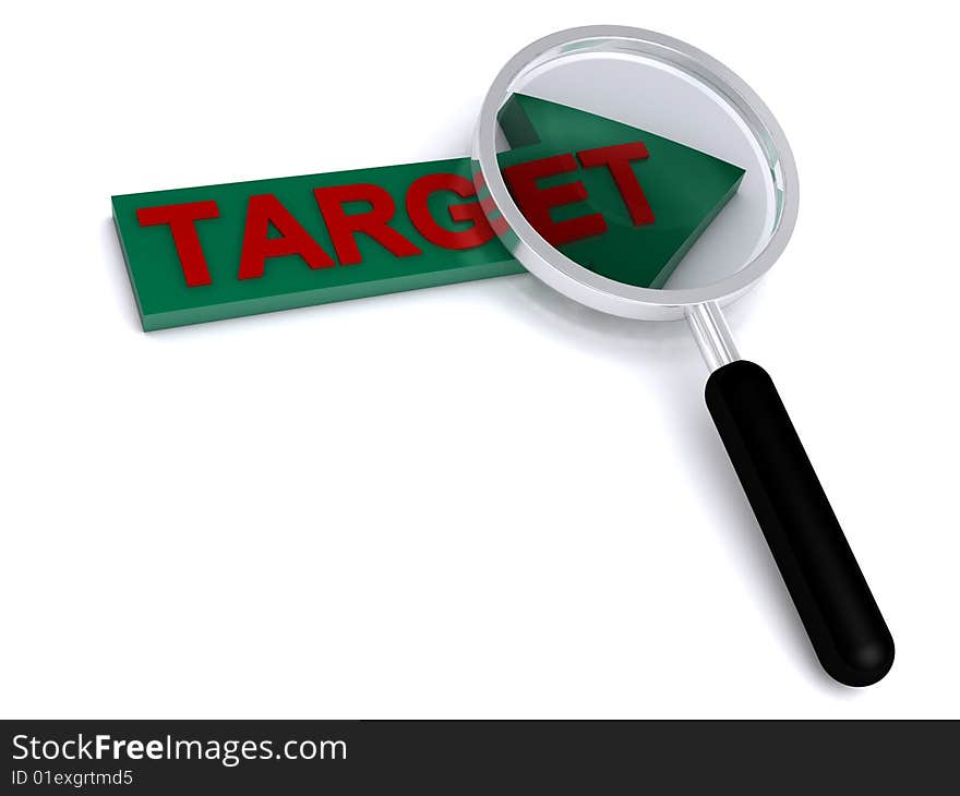 3d target text with magnifier on white background