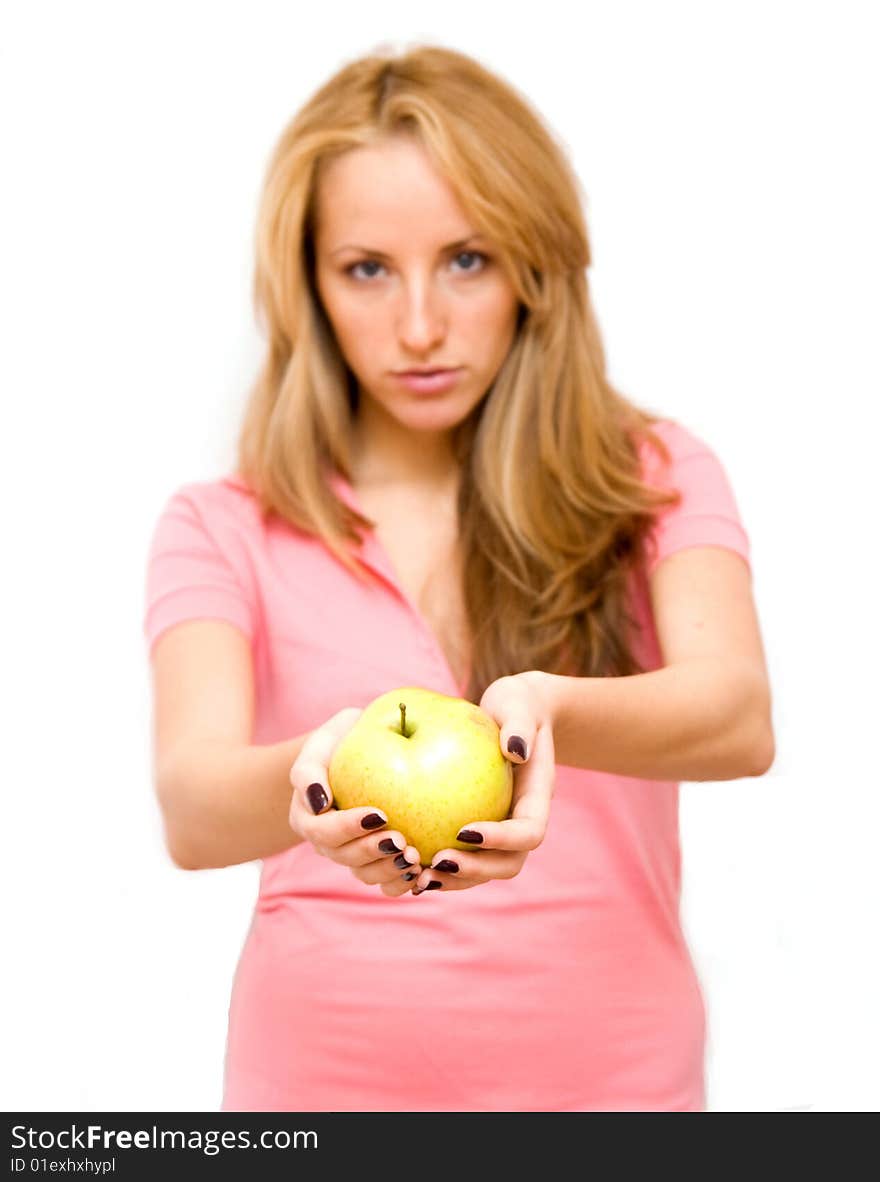 Cute girl with apple isolated on white