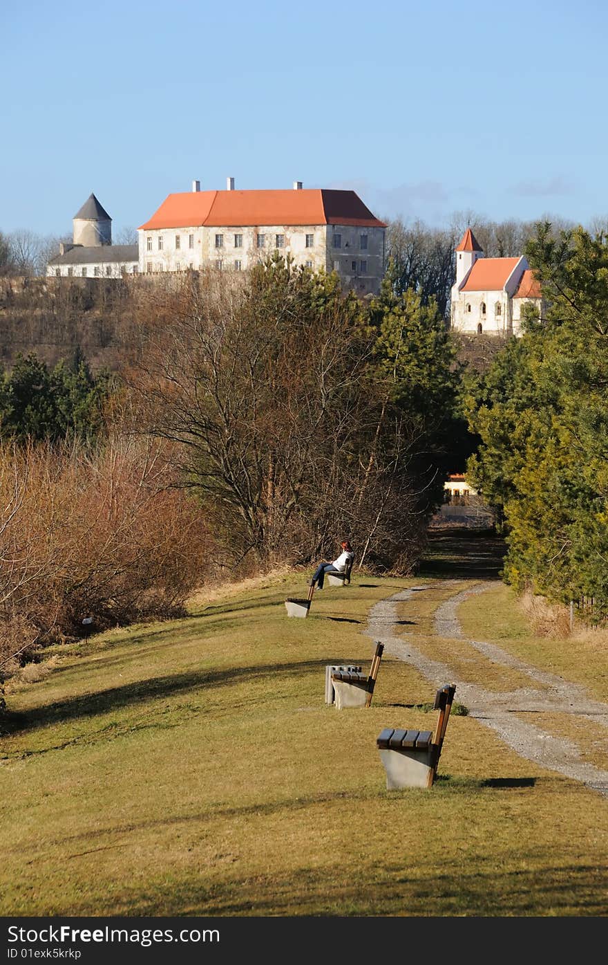 Landscape with palace and sea benches in blue sky. Landscape with palace and sea benches in blue sky