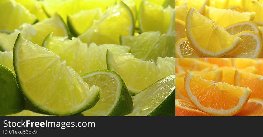 Citrus fruit collection, sundrenched slices of oranges, lemons and limes.