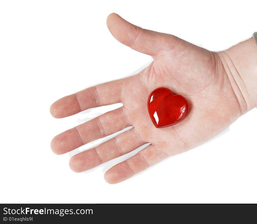 Small heart symbol in man hand over white. Small heart symbol in man hand over white