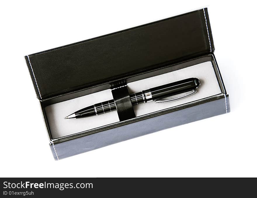 Black business ballpoint pen gift in leather box. Black business ballpoint pen gift in leather box