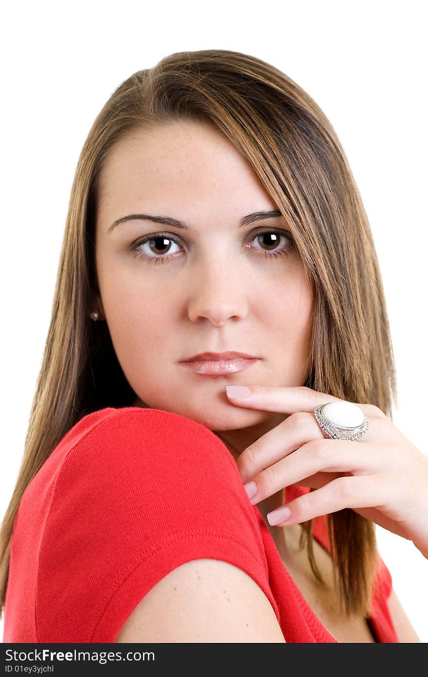 Closeup head shot of a pretty brunette model. Closeup head shot of a pretty brunette model