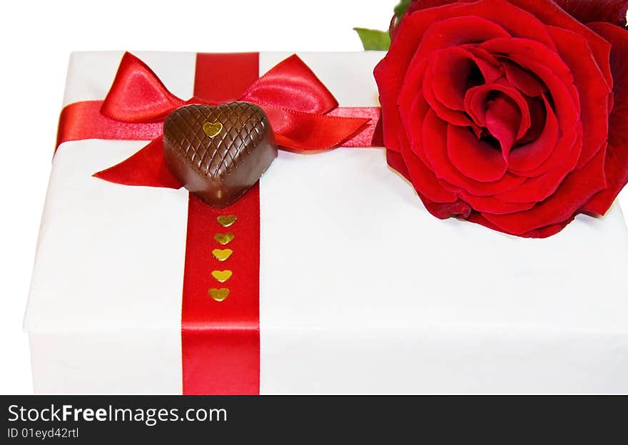 Love concept - heart chocolate and red rose