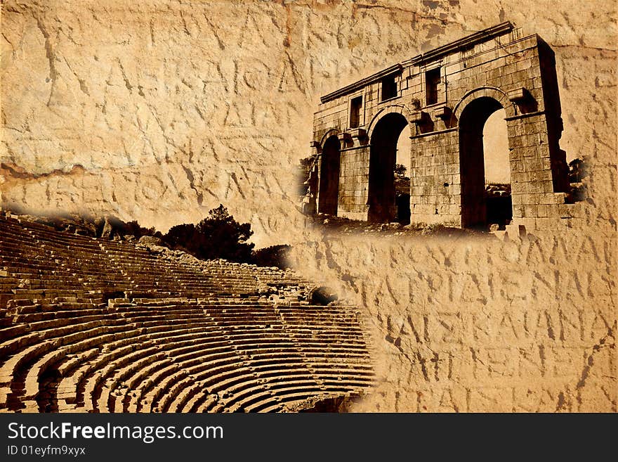 Archaeological background. Ancient amphitheater, gates and text from archaeological zone in Patara, Turkey