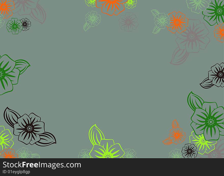 Vector illustration of funky flowers in retro style on the grey background. Floral frame.