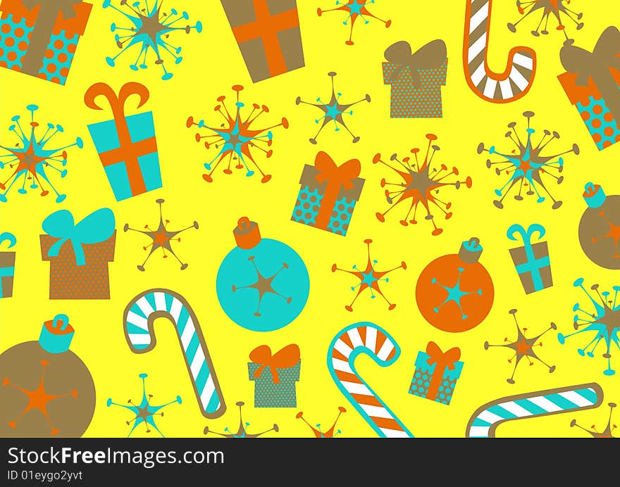 Vector illustration of christmas background. Includes present boxes, candies, flakes and christmas balls.