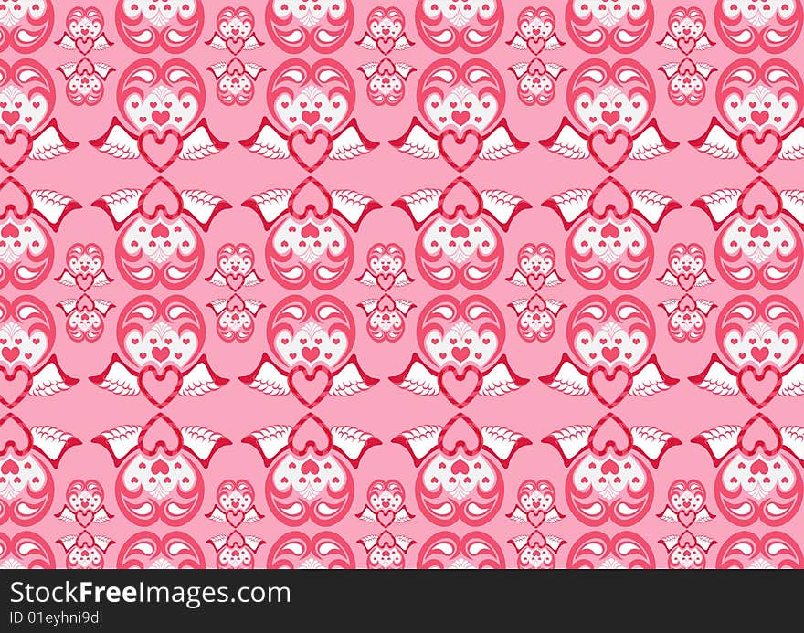 Vector illustration of retro abstract heart pattern on the pink background.