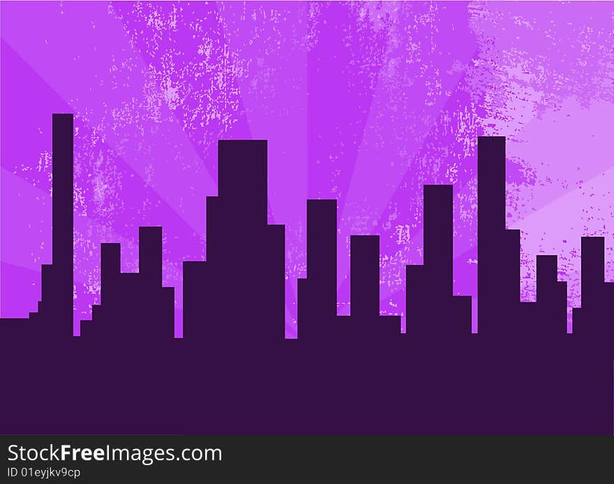 Vector illustration of city at the night on the violet background