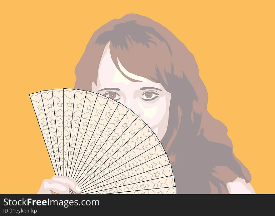 Portrait of the girl with fan (with hearts and stars)