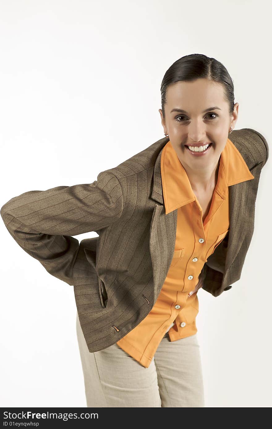 Smiling business woman wearing jacket, bend forward