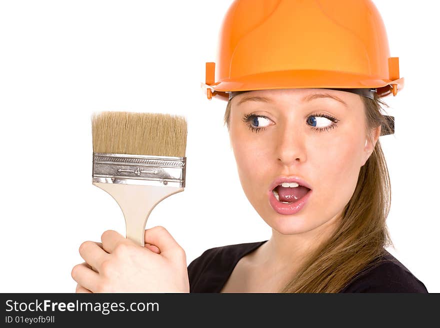 Pretty Woman In Yellow Construction Helmet With Pa