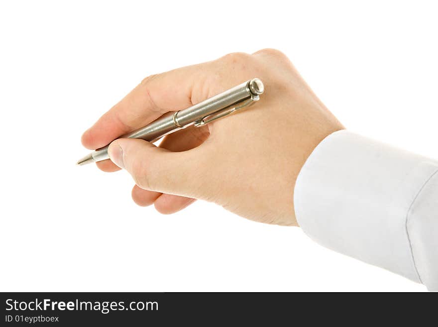 Pen in hand. Isolated on white background