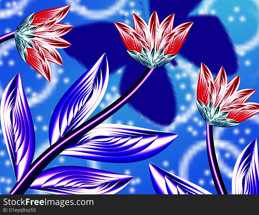 Unrealistic flowers on turn blue background. Unrealistic flowers on turn blue background