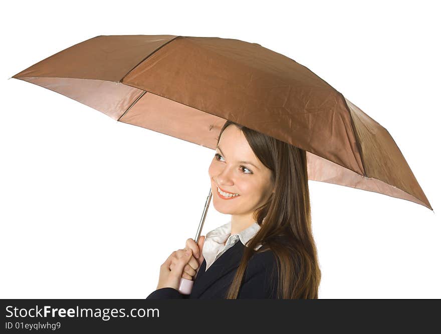 Portrait of a beautiful business woman holding a umbrella. Isolated on white background