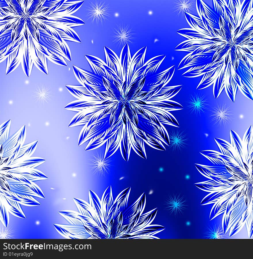 Crystal snowflakes fall on turn blue background