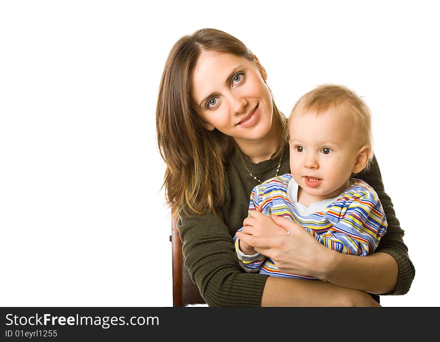 Mother and son. Isolated on white background