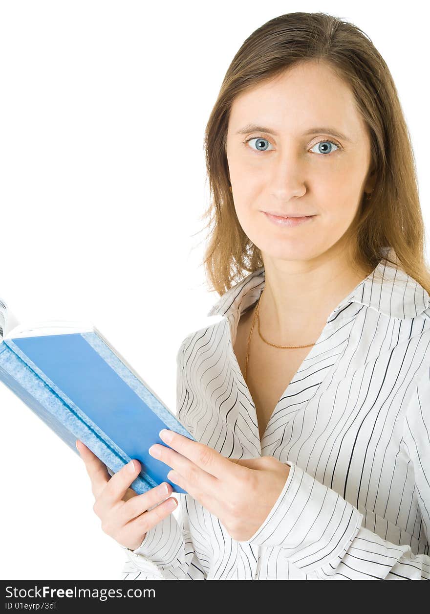 Young woman with book. Isolated on white background