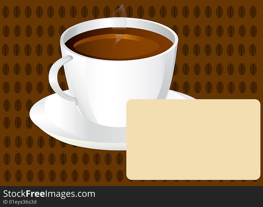 Cup of black coffee with blank card, vector illustration