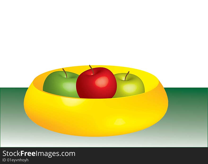 Yellow bowl containing one red and two green apples. Yellow bowl containing one red and two green apples