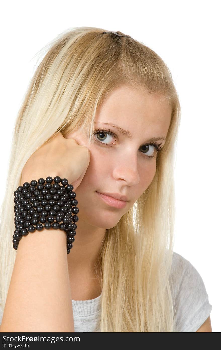 Blonde girl rested on her hand and listening isolated over white. Blonde girl rested on her hand and listening isolated over white