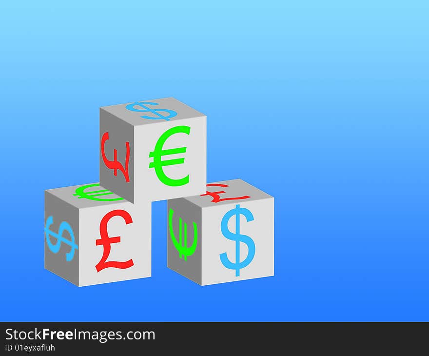 White boxes with currency symbols over blue background