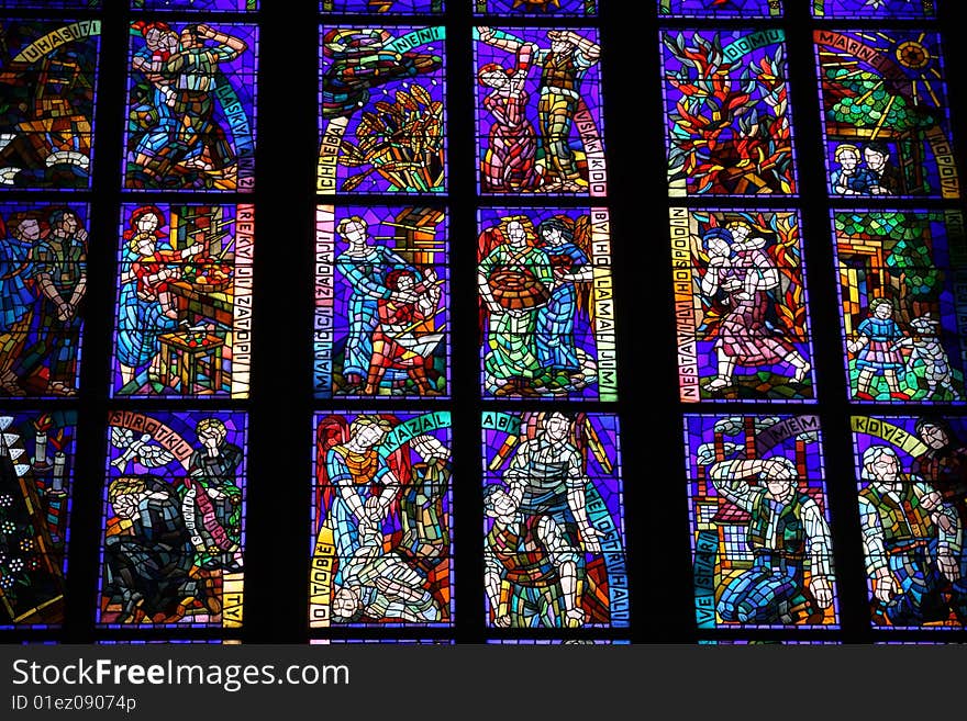 Colorful stained-glass window in St.Vitus cathedral in Czech capital Prague