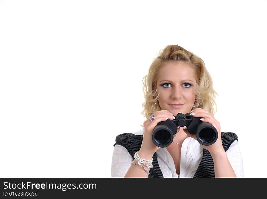 Woman wit a binocular to view something. Woman wit a binocular to view something