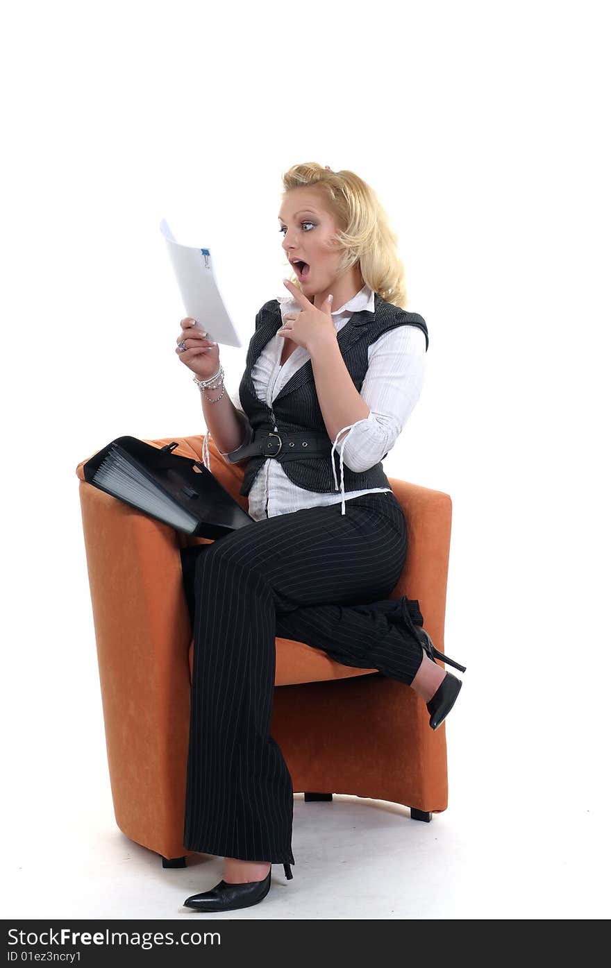 Terrified woman with a briefcase in her hand