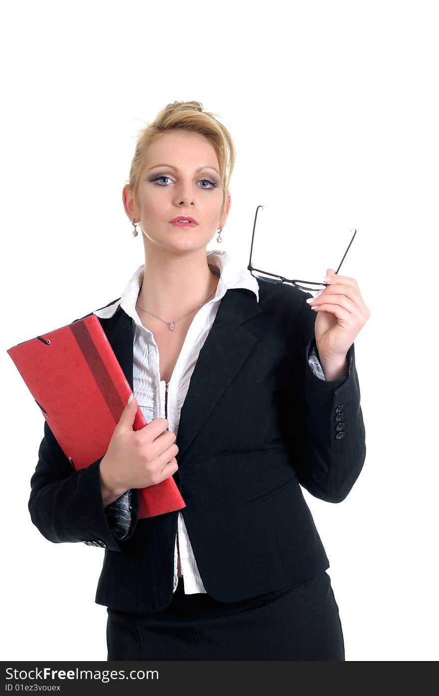 Woman with a red briefcase in her arms