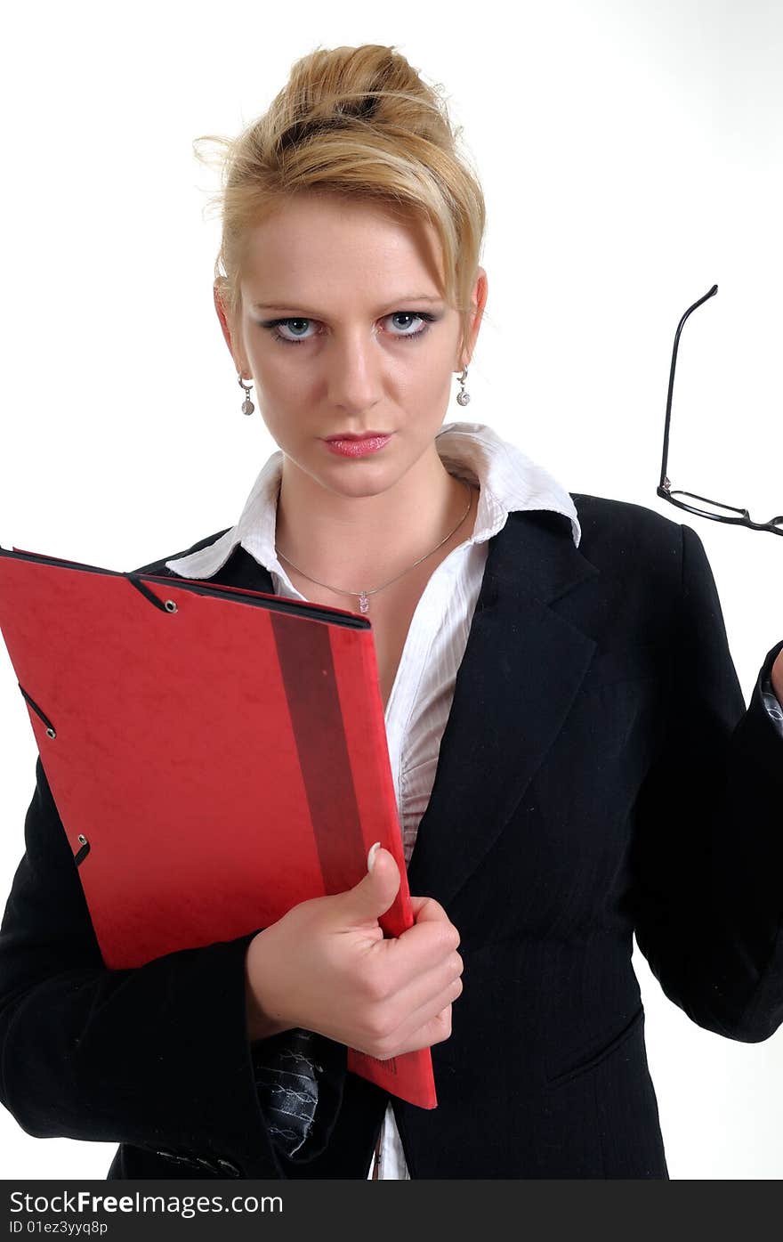 Woman with a red briefcase in her arms