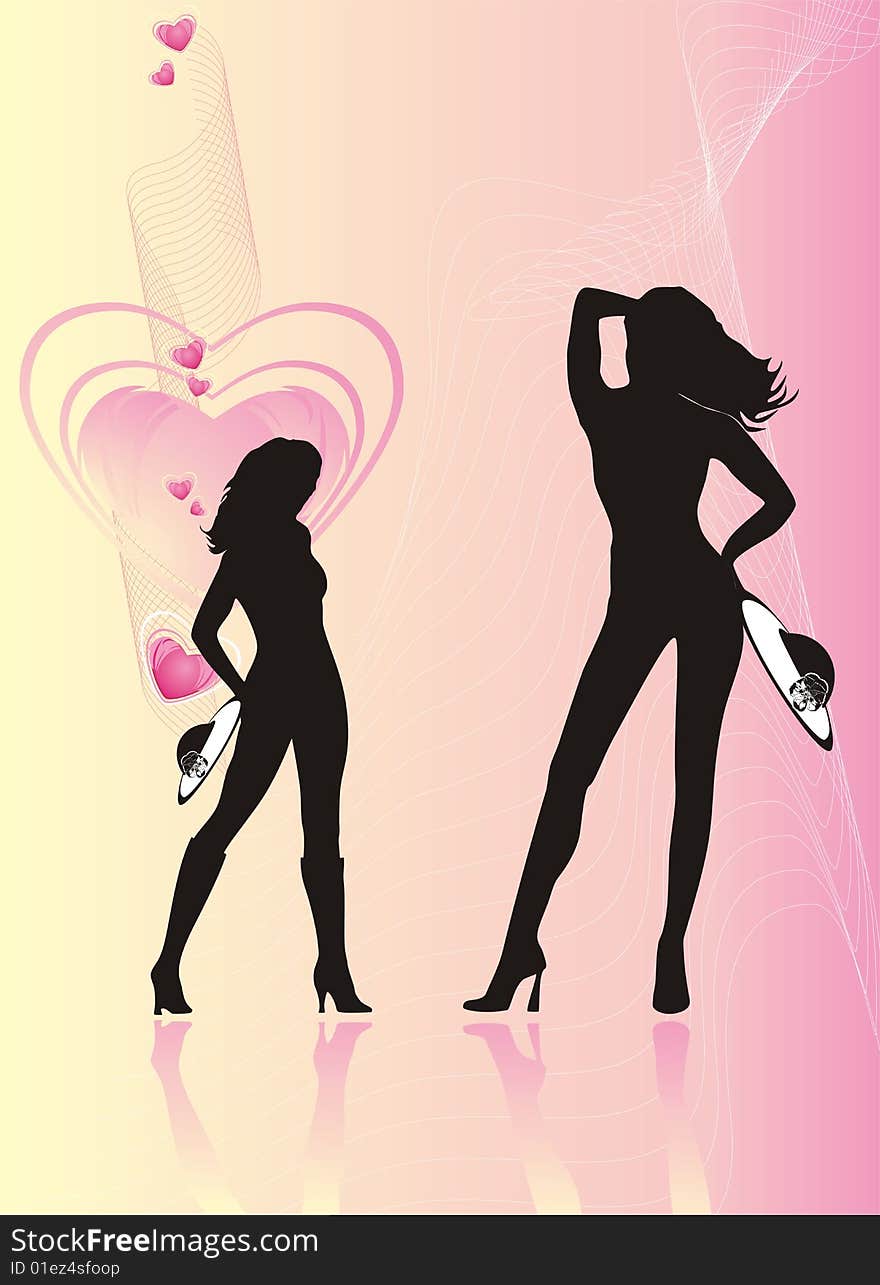 Silhouettes of women with hats. Romance composition. Vector illustration