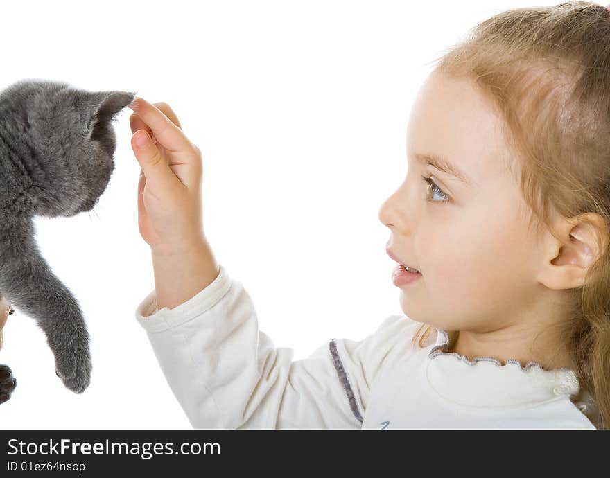 Young girl with kitten. Isolated on white background