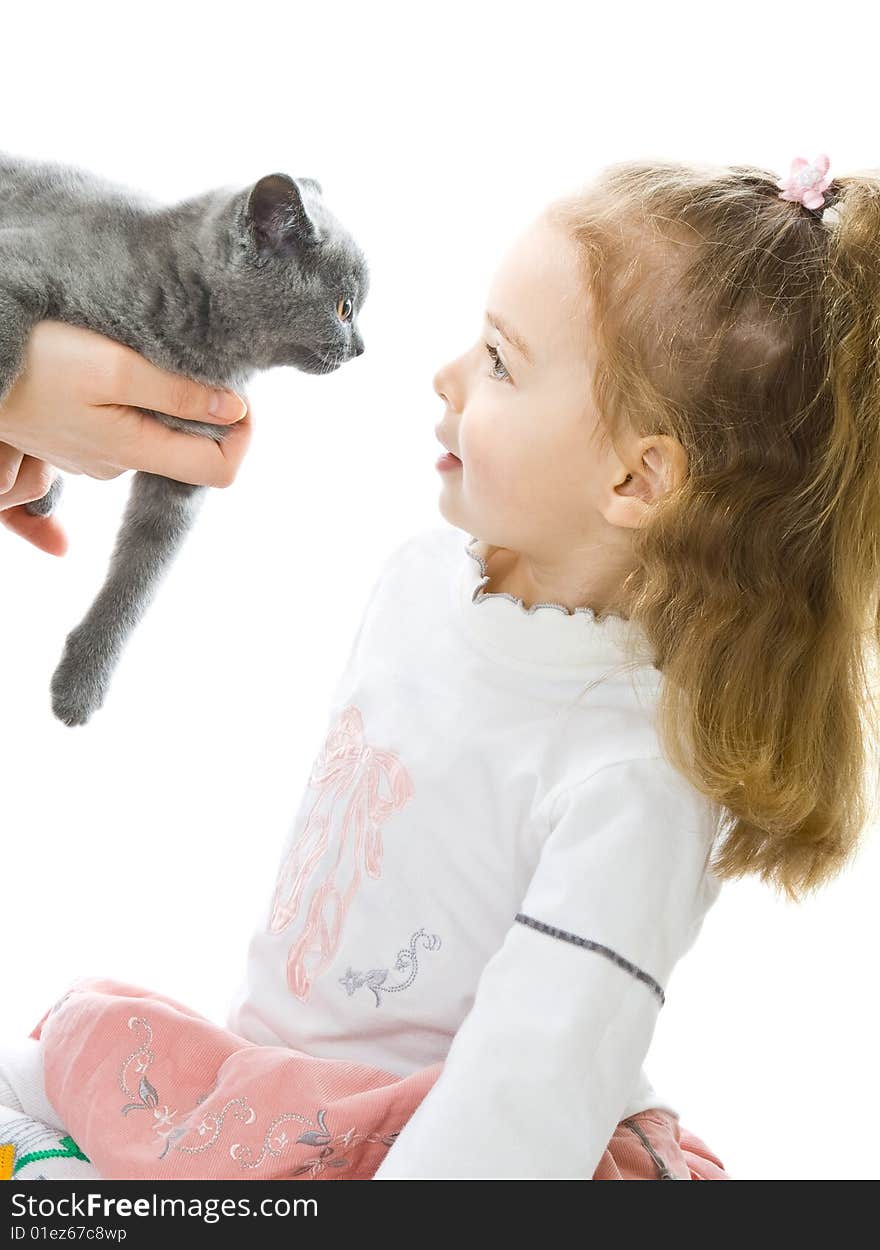 Young girl with kitten. Isolated on white background