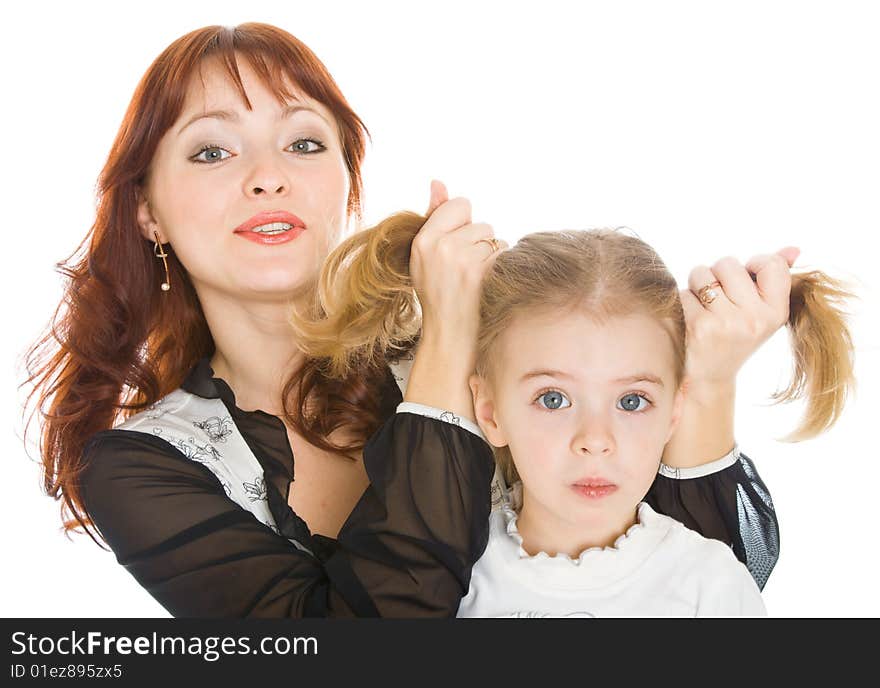 Mother and daughter over white