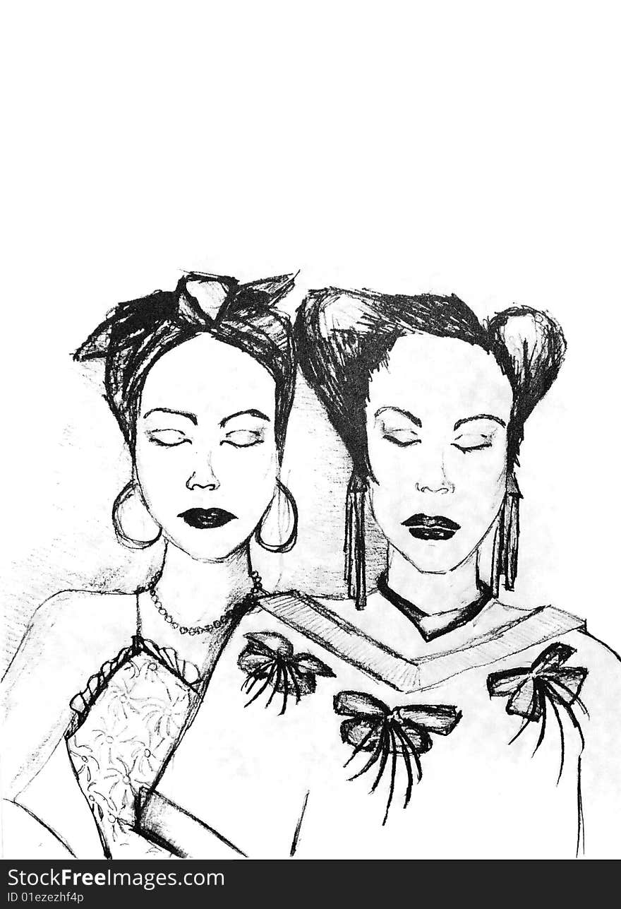 Old black and white hand drawing of two woman with eyes closed. Old black and white hand drawing of two woman with eyes closed