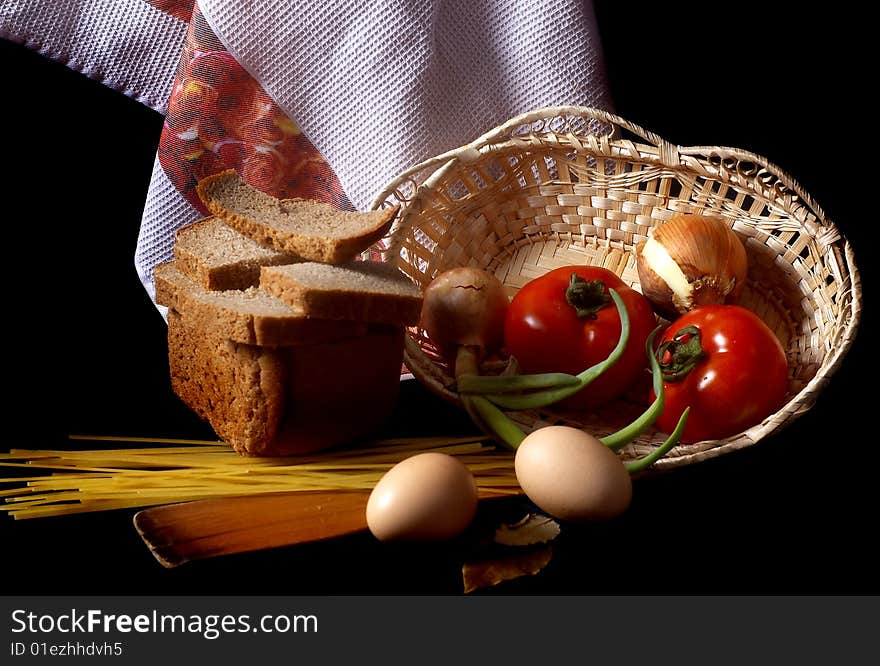 Still-life with bread, tomato and onion