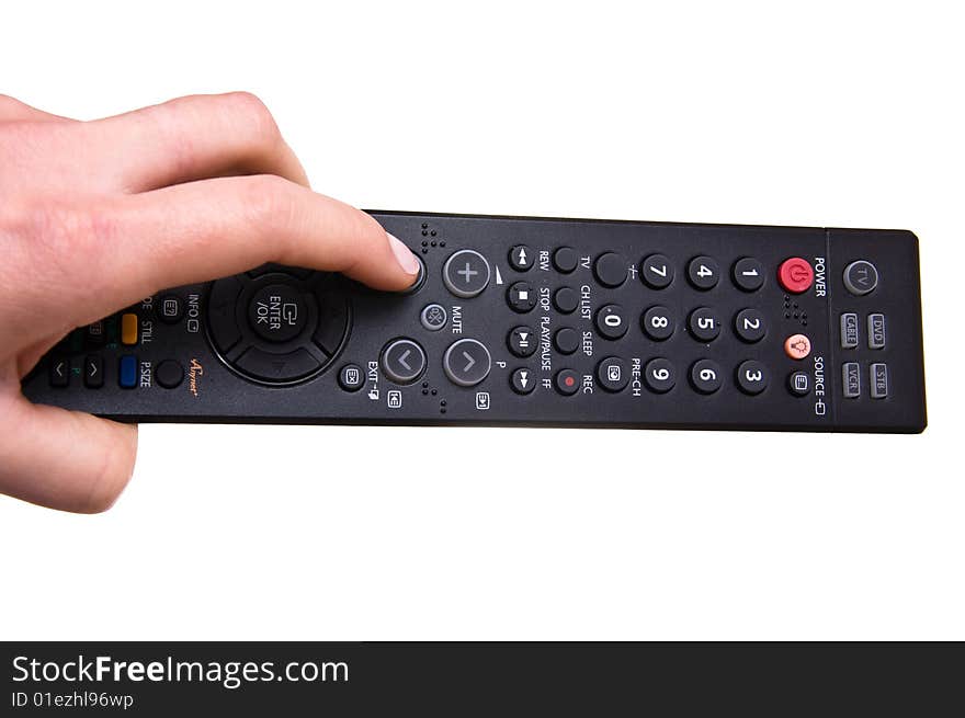 Hand holding remote control, isolated on white background. Hand holding remote control, isolated on white background