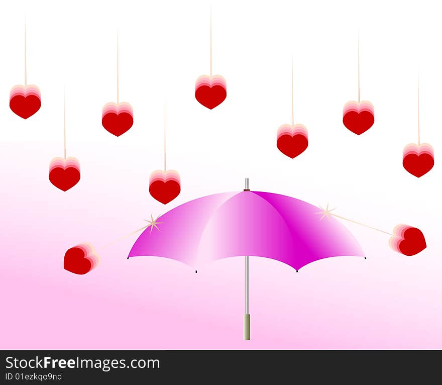 Red love of hearts rain over an umbrella. Red love of hearts rain over an umbrella