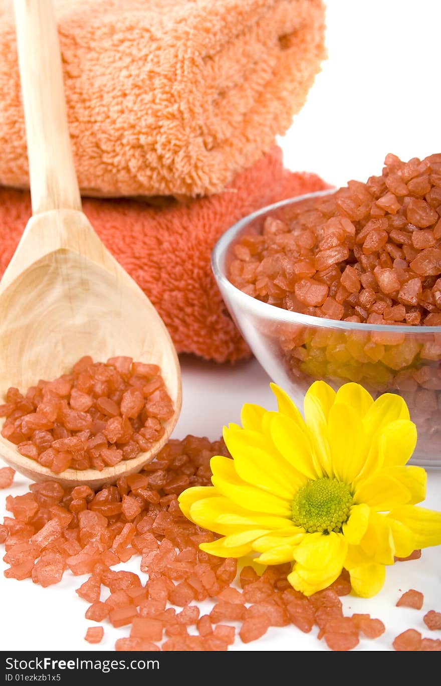 Spa pruducts: bath salt, oil balls, towels and flower. Spa pruducts: bath salt, oil balls, towels and flower