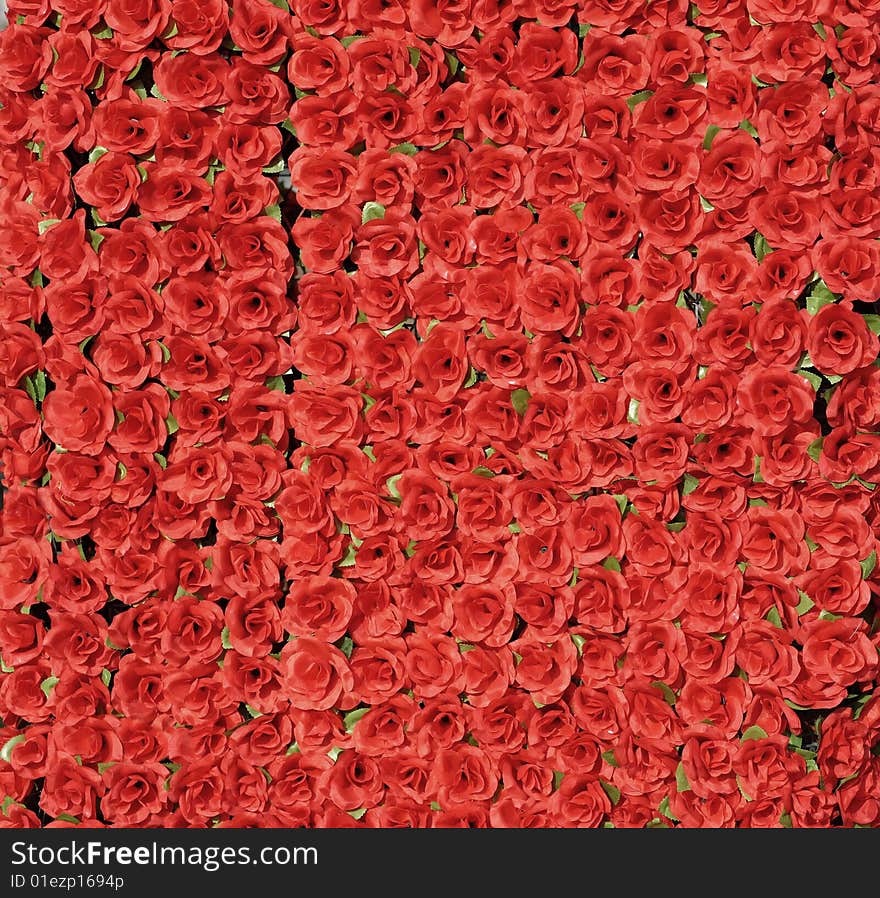 A wall of artificial red roses