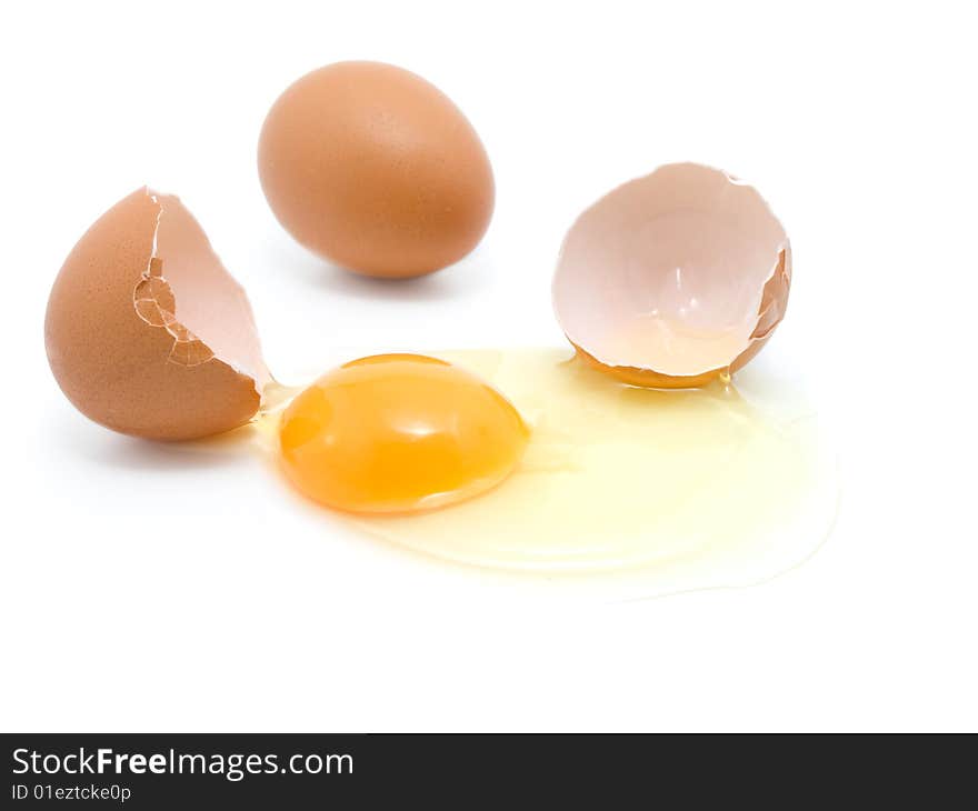 Egg isolated on white background. (yolk, shell from egg).