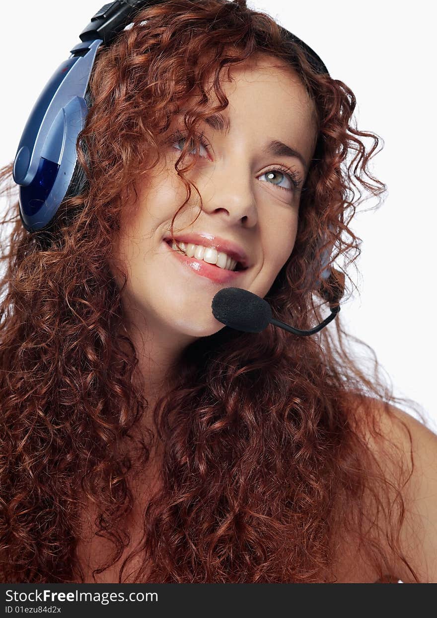 Beauty woman in headphones on white background