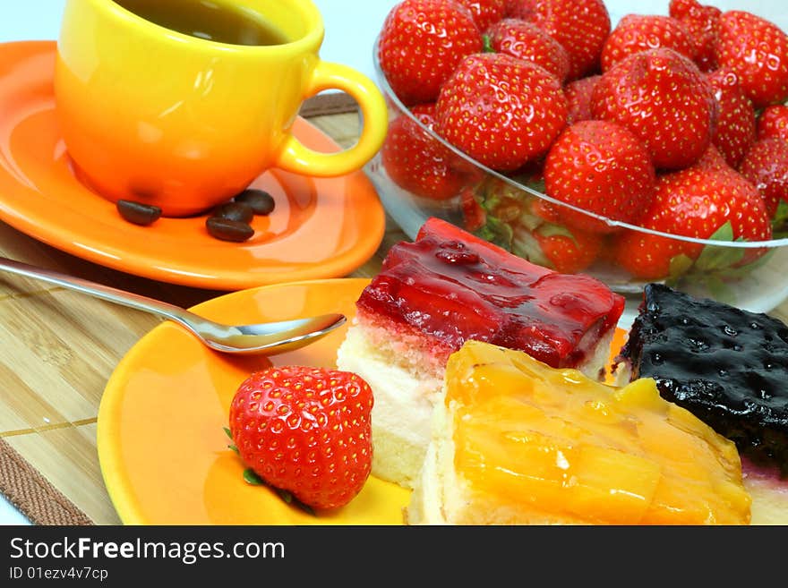 Strawberry, pie, cup of coffee for background. Strawberry, pie, cup of coffee for background.