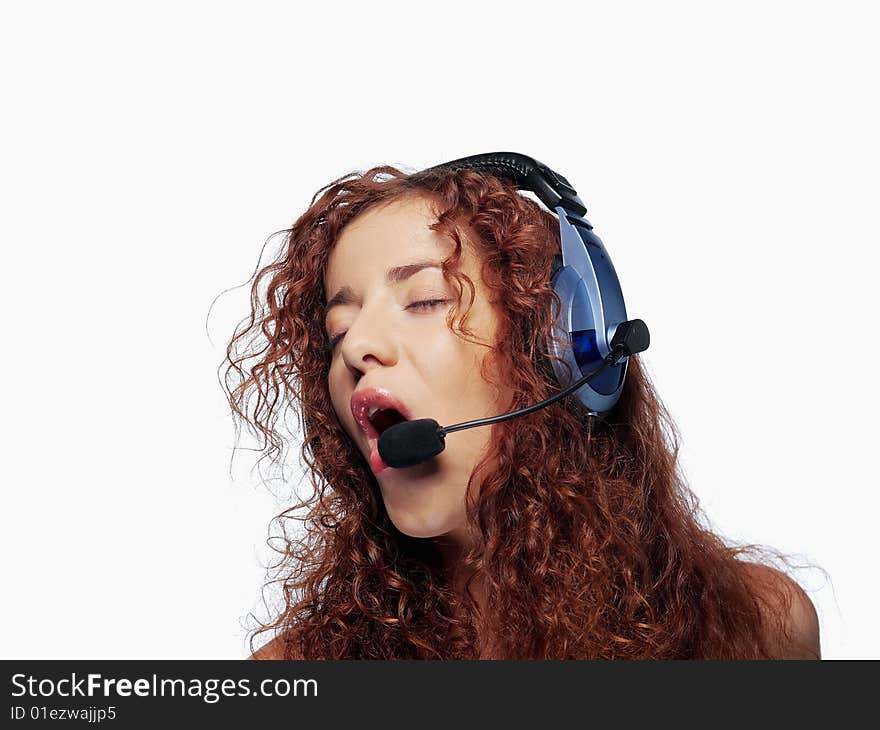 Beauty woman in headphones on white background