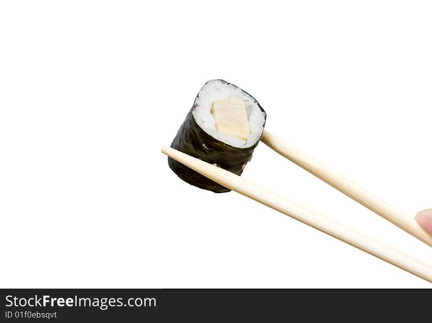 Sushi and chopsticks on the neutral background