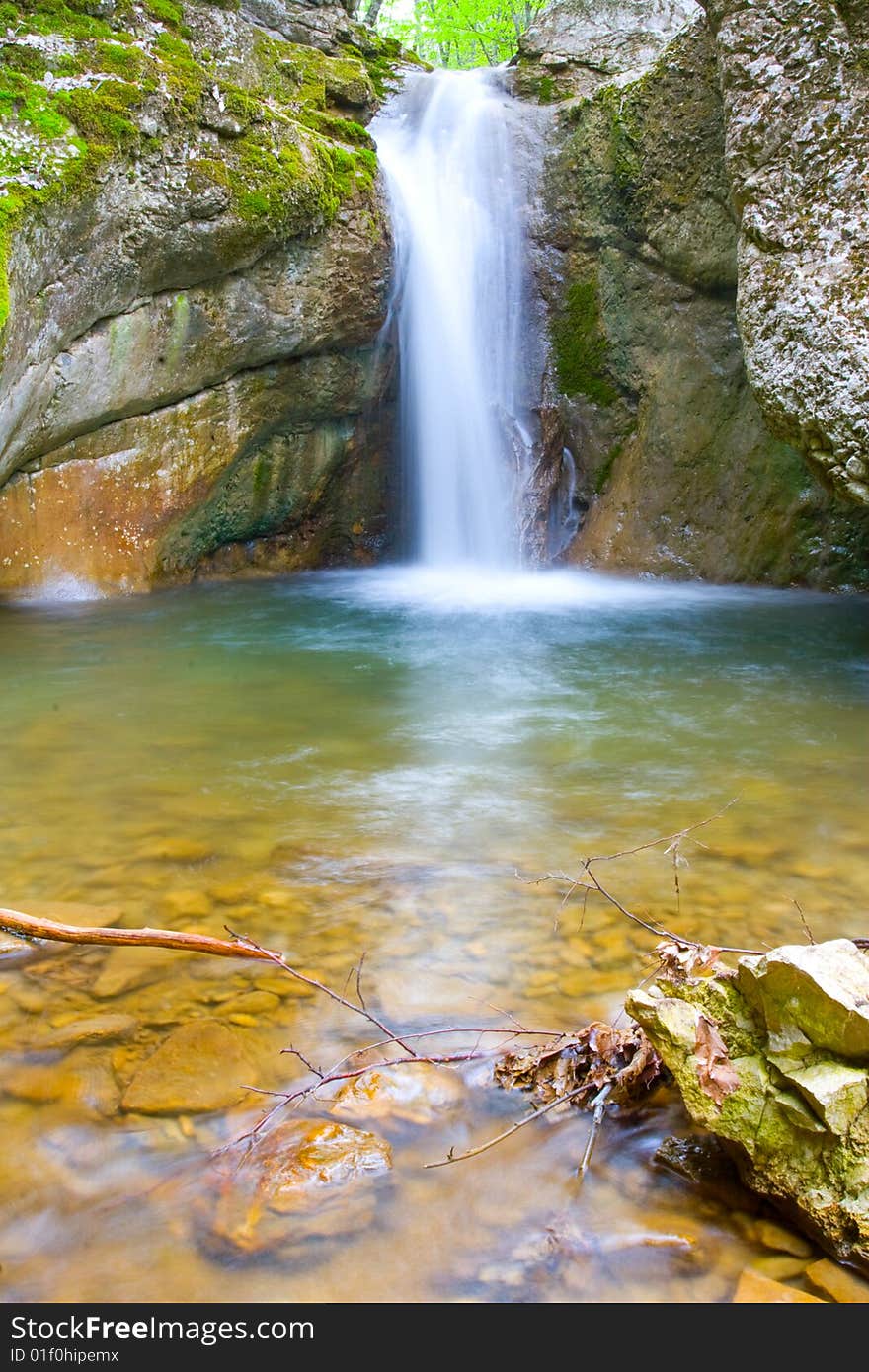 Waterfall in spring season in Crimea mountains