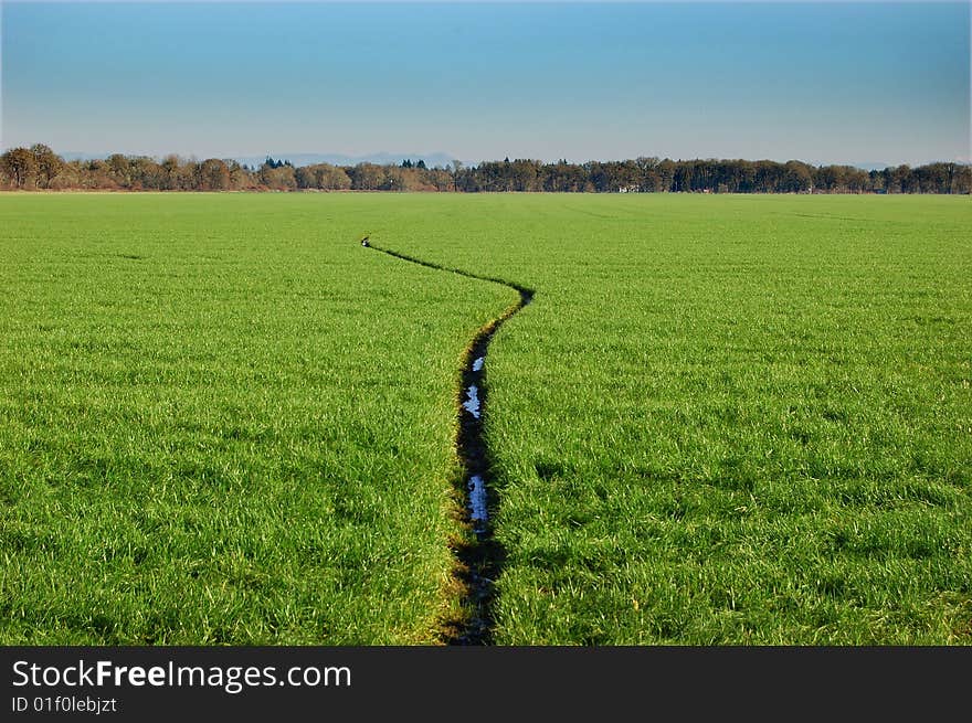 A narrow stream going through a grass field.